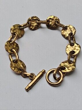 Vintage Signed Biche De Bere Paris Gold Tone Hammered Round Link Bracelet